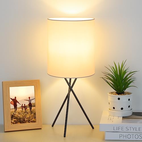 FOLKSMATE Bedside Table Lamp with Black Metal Base, Modern Small Desk Lamp, Nightstand Lamp with White Linen Fabric Lampshade, Side Table Lamp for Bedroom Living Room Home Office, Bulb Not Included