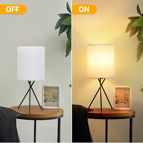 FOLKSMATE Bedside Table Lamp with Black Metal Base, Modern Small Desk Lamp, Nightstand Lamp with White Linen Fabric Lampshade, Side Table Lamp for Bedroom Living Room Home Office, Bulb Not Included