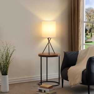 FOLKSMATE Bedside Table Lamp with Black Metal Base, Modern Small Desk Lamp, Nightstand Lamp with White Linen Fabric Lampshade, Side Table Lamp for Bedroom Living Room Home Office, Bulb Not Included