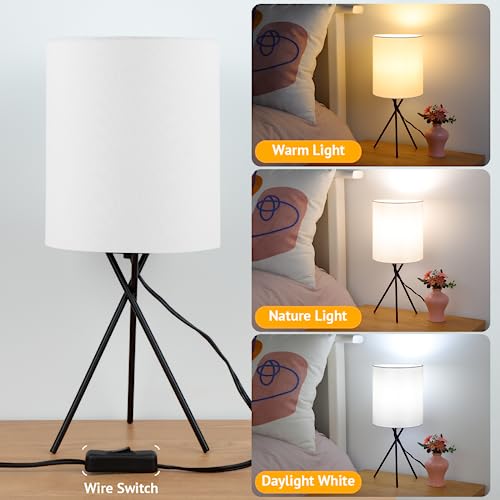 FOLKSMATE Bedside Table Lamp with Black Metal Base, Modern Small Desk Lamp, Nightstand Lamp with White Linen Fabric Lampshade, Side Table Lamp for Bedroom Living Room Home Office, Bulb Not Included