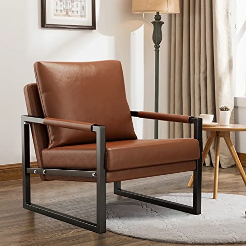 Modern Faux Leather Accent Chair Armchair with Extra-Thick Padded Backrest and Metal Frame for Living Room and Bedroom Furniture - Comfortable and Elegant（Brown）