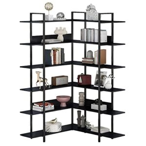 corner bookshelf 6-tier l shaped bookcase, industrial home office open storage and display rack shelves, metal frame
