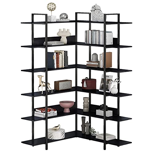 Corner Bookshelf 6-Tier L Shaped Bookcase, Industrial Home Office Open Storage and Display Rack Shelves, Metal Frame