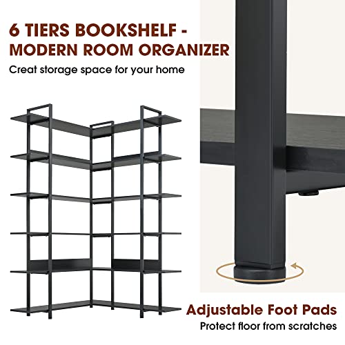 Corner Bookshelf 6-Tier L Shaped Bookcase, Industrial Home Office Open Storage and Display Rack Shelves, Metal Frame