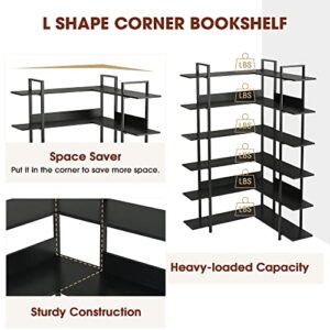 Corner Bookshelf 6-Tier L Shaped Bookcase, Industrial Home Office Open Storage and Display Rack Shelves, Metal Frame