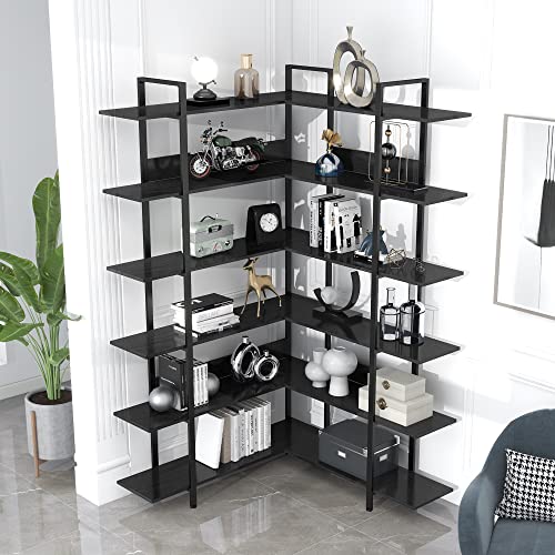 Corner Bookshelf 6-Tier L Shaped Bookcase, Industrial Home Office Open Storage and Display Rack Shelves, Metal Frame