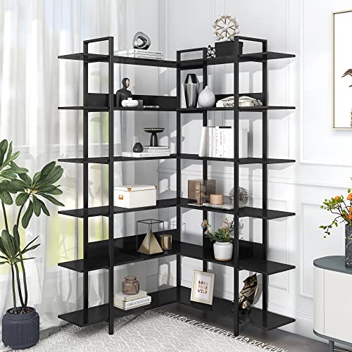 Corner Bookshelf 6-Tier L Shaped Bookcase, Industrial Home Office Open Storage and Display Rack Shelves, Metal Frame