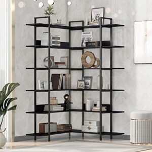 Corner Bookshelf 6-Tier L Shaped Bookcase, Industrial Home Office Open Storage and Display Rack Shelves, Metal Frame