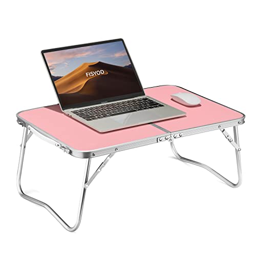 FISYOD Folding Laptop Table, Bed Table Lap Desk, Breakfast Tray Table, Portable Mini Picnic Study Reading Drawing Table, Folding in Half with Inner Storage Space (Pink)