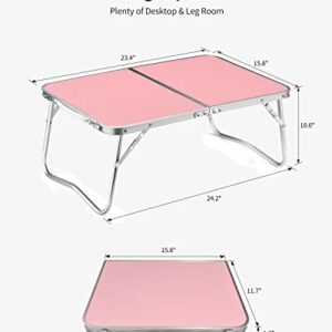 FISYOD Folding Laptop Table, Bed Table Lap Desk, Breakfast Tray Table, Portable Mini Picnic Study Reading Drawing Table, Folding in Half with Inner Storage Space (Pink)