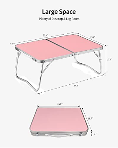 FISYOD Folding Laptop Table, Bed Table Lap Desk, Breakfast Tray Table, Portable Mini Picnic Study Reading Drawing Table, Folding in Half with Inner Storage Space (Pink)