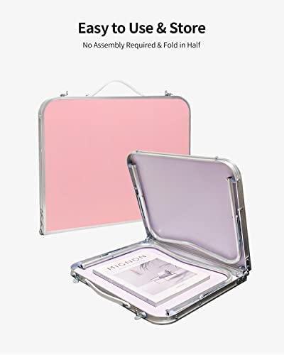 FISYOD Folding Laptop Table, Bed Table Lap Desk, Breakfast Tray Table, Portable Mini Picnic Study Reading Drawing Table, Folding in Half with Inner Storage Space (Pink)