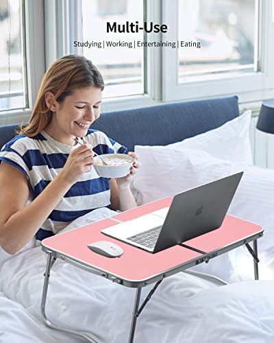 FISYOD Folding Laptop Table, Bed Table Lap Desk, Breakfast Tray Table, Portable Mini Picnic Study Reading Drawing Table, Folding in Half with Inner Storage Space (Pink)