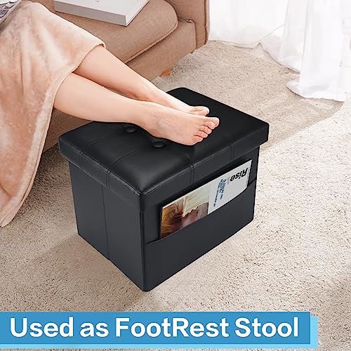 VewePata® Storage Ottoman Foot Rest Footstool with Side Pocket,17 Inch Leather Ottoman with Storage for Living Room or Dorm Storage,Folding Ottoman Padded with Thick Sponge,17X13X13in Black