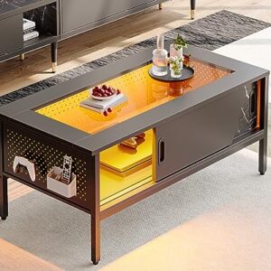 Bestier 42 Inch LED Coffee Table with Storage Glass Coffee Tables for Living Room with Sliding Doors, Black Living Room Center Table