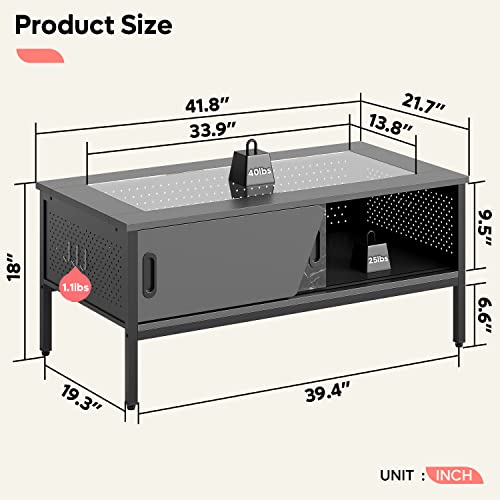 Bestier 42 Inch LED Coffee Table with Storage Glass Coffee Tables for Living Room with Sliding Doors, Black Living Room Center Table