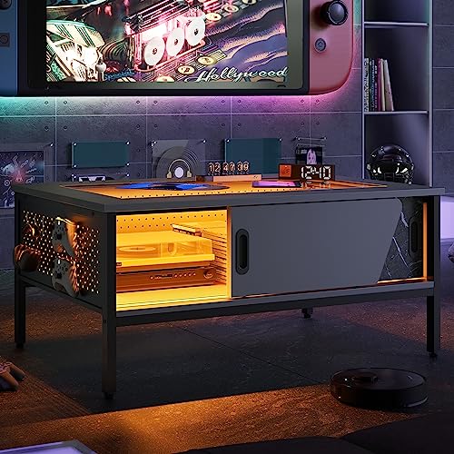 Bestier 42 Inch LED Coffee Table with Storage Glass Coffee Tables for Living Room with Sliding Doors, Black Living Room Center Table