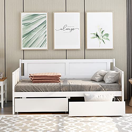 Lepfun Designs Twin Daybed with Two Drawers, Wood Twin Size Sofa Bed Frame with Wooden Slat Supports, Storage Daybed for Bedroom, Living Room (White, Twin with Drawers)