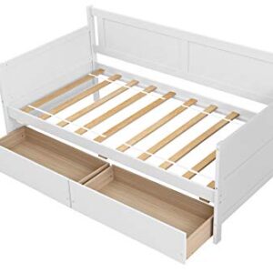 Lepfun Designs Twin Daybed with Two Drawers, Wood Twin Size Sofa Bed Frame with Wooden Slat Supports, Storage Daybed for Bedroom, Living Room (White, Twin with Drawers)