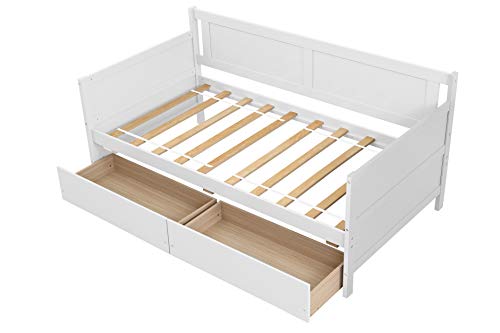 Lepfun Designs Twin Daybed with Two Drawers, Wood Twin Size Sofa Bed Frame with Wooden Slat Supports, Storage Daybed for Bedroom, Living Room (White, Twin with Drawers)