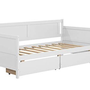 Lepfun Designs Twin Daybed with Two Drawers, Wood Twin Size Sofa Bed Frame with Wooden Slat Supports, Storage Daybed for Bedroom, Living Room (White, Twin with Drawers)