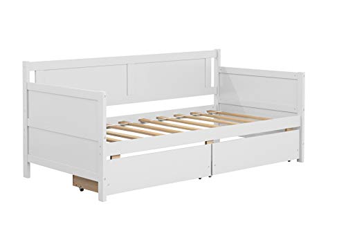 Lepfun Designs Twin Daybed with Two Drawers, Wood Twin Size Sofa Bed Frame with Wooden Slat Supports, Storage Daybed for Bedroom, Living Room (White, Twin with Drawers)