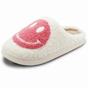 retro fuzzy face slippers for women men, soft plush warm slip-on couple style casual smiley face slippers cozy indoor outdoor lightweight anti-skid sole cute house slippers with memory foam (pink, 6.5)