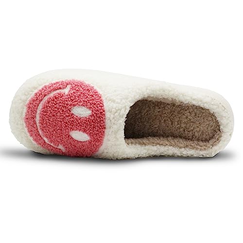 Retro Fuzzy Face Slippers for Women Men, Soft Plush Warm Slip-on Couple Style Casual Smiley Face Slippers Cozy Indoor Outdoor Lightweight Anti-Skid Sole Cute House Slippers with Memory Foam (Pink, 6.5)