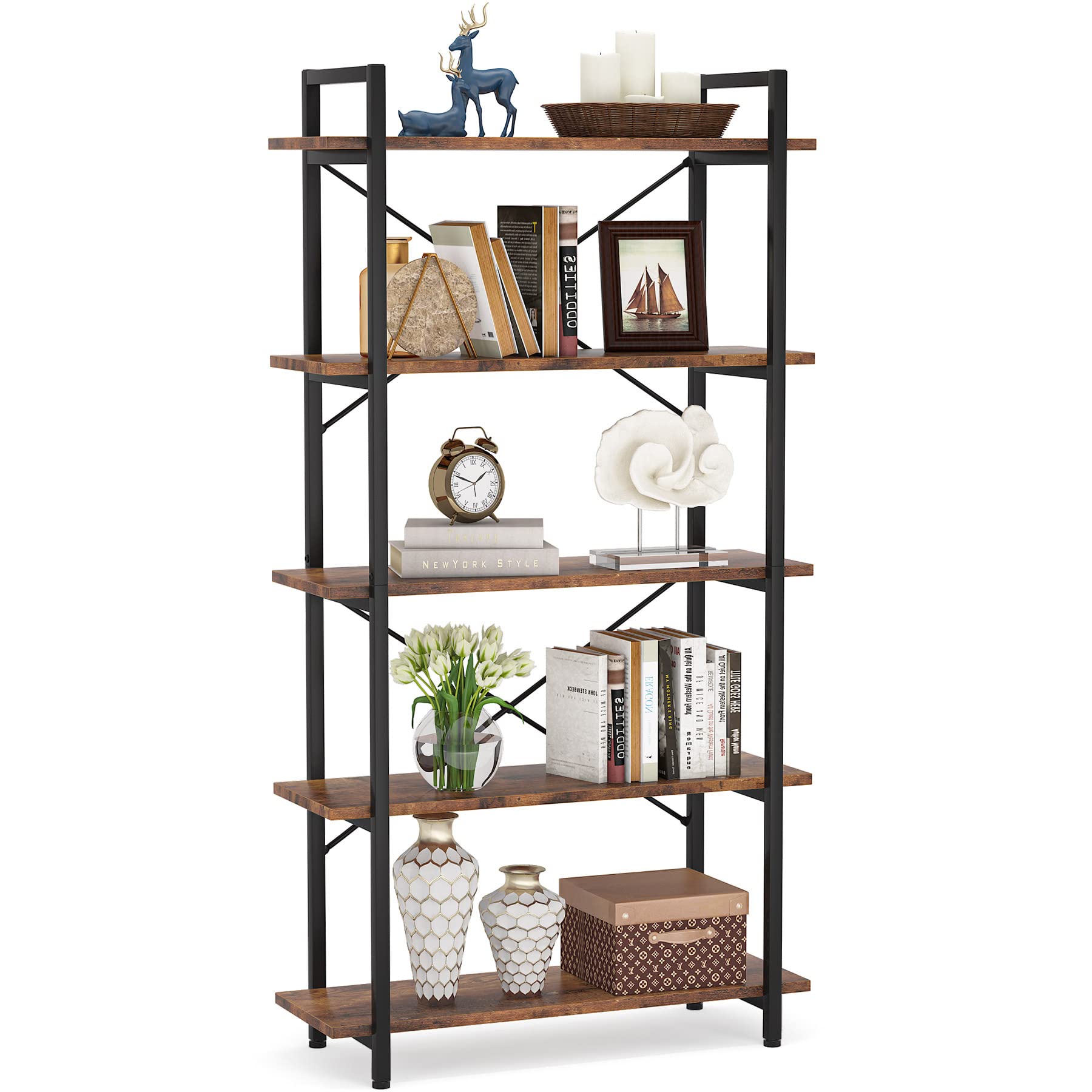 LITTLE TREE 5 Tier Bookshelf, 63" Tall Etagere Bookcase Shelf Unit with Metal Frame