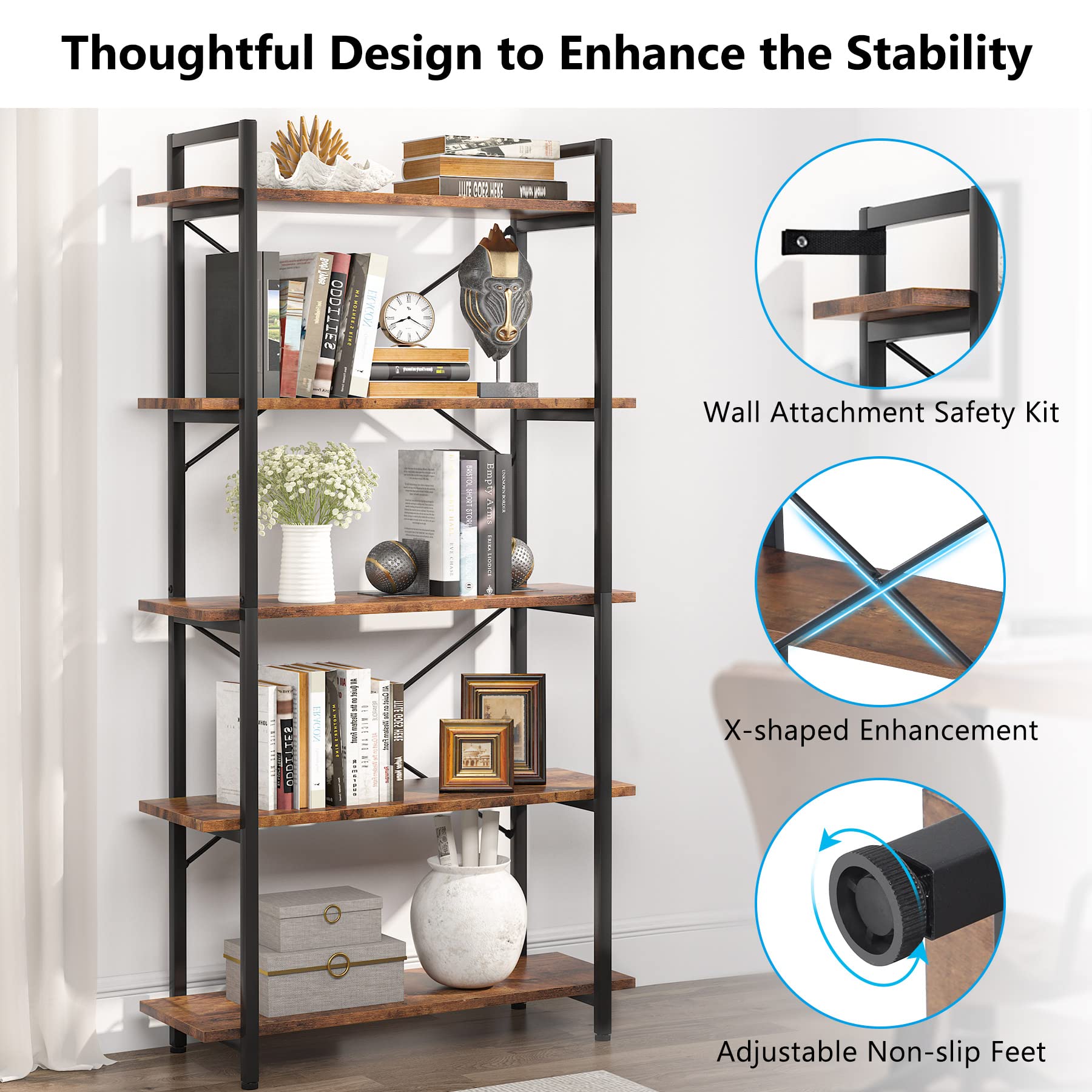 LITTLE TREE 5 Tier Bookshelf, 63" Tall Etagere Bookcase Shelf Unit with Metal Frame