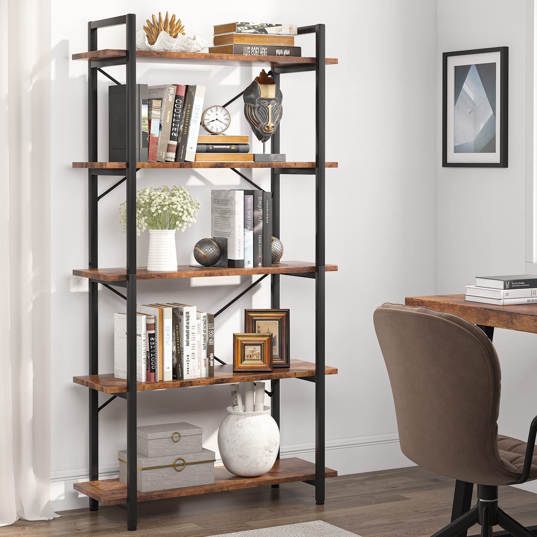 LITTLE TREE 5 Tier Bookshelf, 63" Tall Etagere Bookcase Shelf Unit with Metal Frame