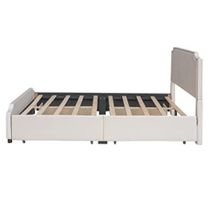 Wooden Queen Bed Frame Upholstered Platform Bed with Stud Trim Headboard and Footboard and 4 Drawers No Box Spring Needed, Velvet Fabric, Queen Size (Beige)