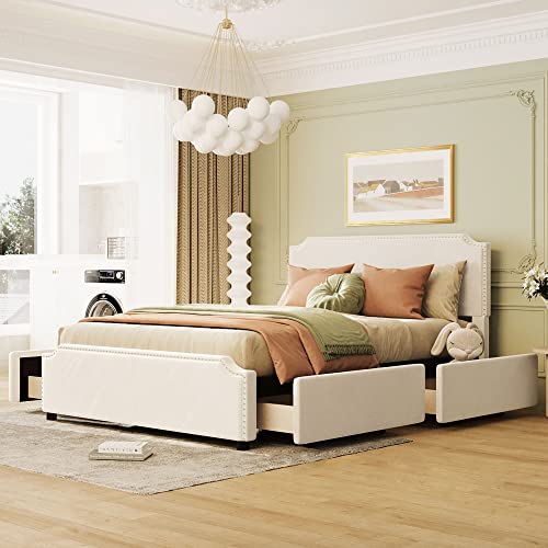 Wooden Queen Bed Frame Upholstered Platform Bed with Stud Trim Headboard and Footboard and 4 Drawers No Box Spring Needed, Velvet Fabric, Queen Size (Beige)