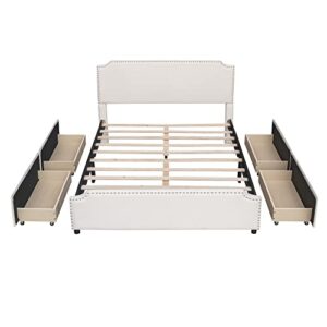 Wooden Queen Bed Frame Upholstered Platform Bed with Stud Trim Headboard and Footboard and 4 Drawers No Box Spring Needed, Velvet Fabric, Queen Size (Beige)