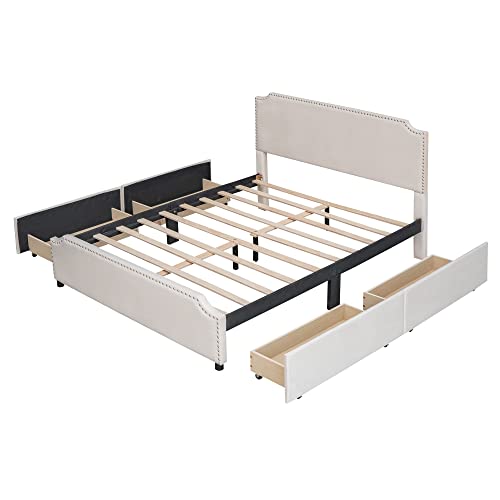 Wooden Queen Bed Frame Upholstered Platform Bed with Stud Trim Headboard and Footboard and 4 Drawers No Box Spring Needed, Velvet Fabric, Queen Size (Beige)