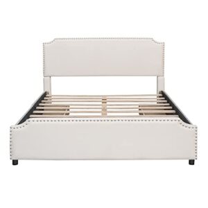 Wooden Queen Bed Frame Upholstered Platform Bed with Stud Trim Headboard and Footboard and 4 Drawers No Box Spring Needed, Velvet Fabric, Queen Size (Beige)