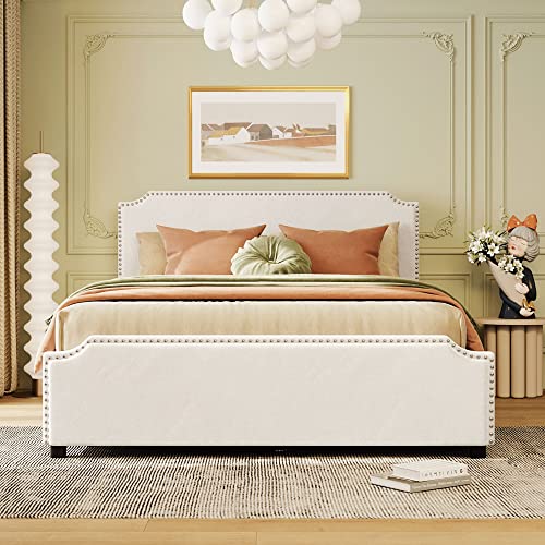 Wooden Queen Bed Frame Upholstered Platform Bed with Stud Trim Headboard and Footboard and 4 Drawers No Box Spring Needed, Velvet Fabric, Queen Size (Beige)