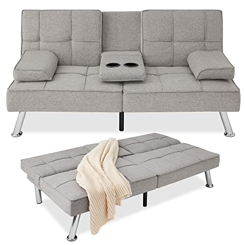 Best Choice Products Linen Upholstered Modern Convertible Folding Futon Sofa Bed for Compact Living Space, Apartment, Dorm, Bonus Room w/Removable Armrests, Metal Legs, 2 Cupholders - Light Gray