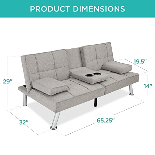 Best Choice Products Linen Upholstered Modern Convertible Folding Futon Sofa Bed for Compact Living Space, Apartment, Dorm, Bonus Room w/Removable Armrests, Metal Legs, 2 Cupholders - Light Gray