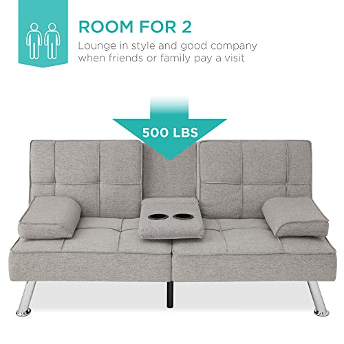 Best Choice Products Linen Upholstered Modern Convertible Folding Futon Sofa Bed for Compact Living Space, Apartment, Dorm, Bonus Room w/Removable Armrests, Metal Legs, 2 Cupholders - Light Gray