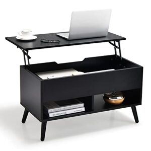 tangkula lift top coffee table, modern cocktail table with hidden compartment & 2 open shelves, flip top center table, wooden pull up coffee table for living room, reception room, office (black)