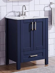 popity home 24 inch bathroom vanity with sink,blue bathroom sink cabinet,small bath vanity with white three hole ceramic sink, gold handle bathroom vanity
