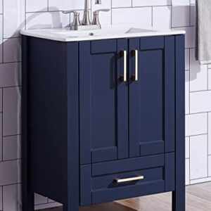 Popity home 24 Inch Bathroom Vanity with Sink,Blue Bathroom Sink Cabinet,Small Bath Vanity with White Three Hole Ceramic Sink, Gold Handle Bathroom Vanity