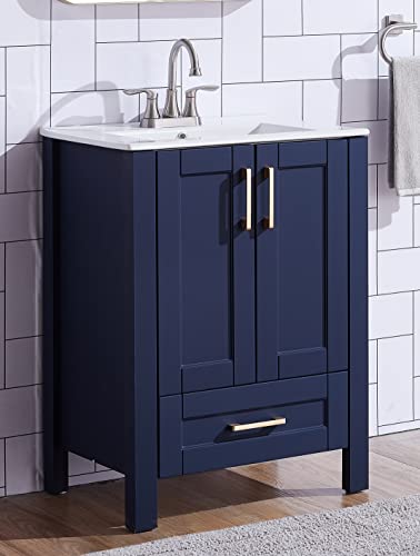 Popity home 24 Inch Bathroom Vanity with Sink,Blue Bathroom Sink Cabinet,Small Bath Vanity with White Three Hole Ceramic Sink, Gold Handle Bathroom Vanity