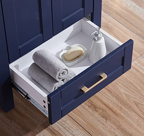 Popity home 24 Inch Bathroom Vanity with Sink,Blue Bathroom Sink Cabinet,Small Bath Vanity with White Three Hole Ceramic Sink, Gold Handle Bathroom Vanity