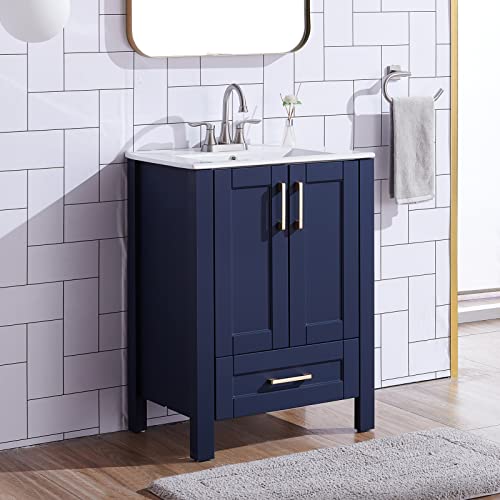 Popity home 24 Inch Bathroom Vanity with Sink,Blue Bathroom Sink Cabinet,Small Bath Vanity with White Three Hole Ceramic Sink, Gold Handle Bathroom Vanity