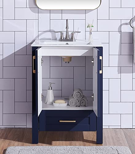 Popity home 24 Inch Bathroom Vanity with Sink,Blue Bathroom Sink Cabinet,Small Bath Vanity with White Three Hole Ceramic Sink, Gold Handle Bathroom Vanity