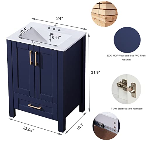 Popity home 24 Inch Bathroom Vanity with Sink,Blue Bathroom Sink Cabinet,Small Bath Vanity with White Three Hole Ceramic Sink, Gold Handle Bathroom Vanity