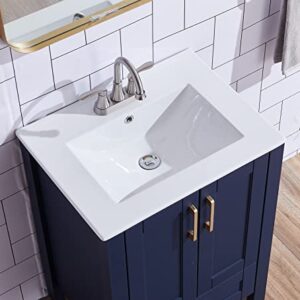 Popity home 24 Inch Bathroom Vanity with Sink,Blue Bathroom Sink Cabinet,Small Bath Vanity with White Three Hole Ceramic Sink, Gold Handle Bathroom Vanity