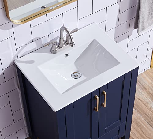 Popity home 24 Inch Bathroom Vanity with Sink,Blue Bathroom Sink Cabinet,Small Bath Vanity with White Three Hole Ceramic Sink, Gold Handle Bathroom Vanity